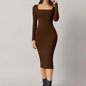 Aahwan Solid Square Neck Solid Midi Bodycon Dress For Women's & Girl's