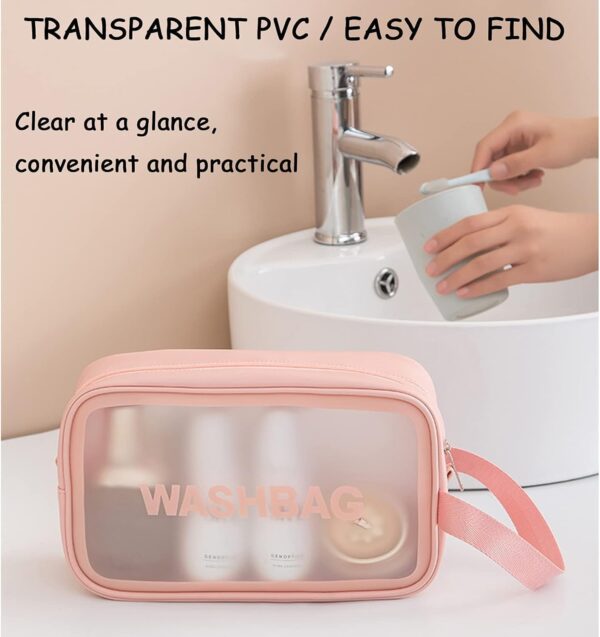 KUKLAR Wash Bag Pouch for Travel Kit Toiletry Bag Cosmetic Bag Make Up Box for Brushes, Accessories with Handle, Large Capacity Translucent Waterproof Travel Storage Organizer Set of 3 (Pink) - Image 3
