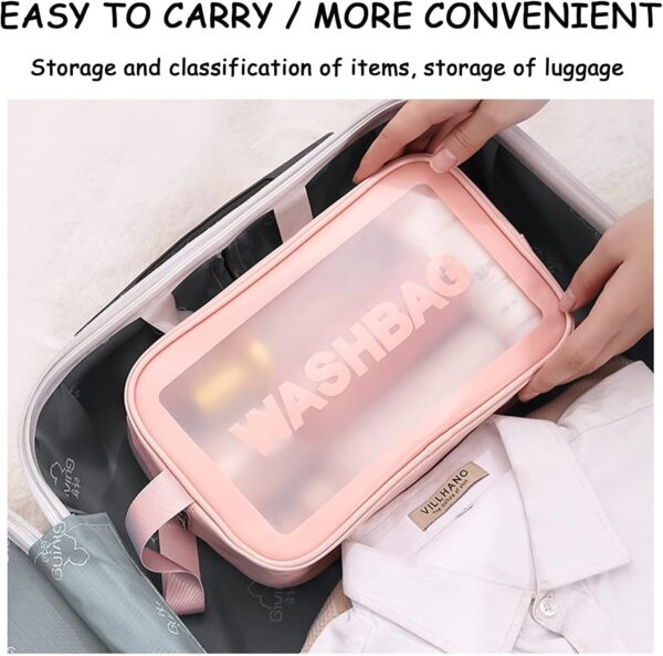 KUKLAR Wash Bag Pouch for Travel Kit Toiletry Bag Cosmetic Bag Make Up Box for Brushes, Accessories with Handle, Large Capacity Translucent Waterproof Travel Storage Organizer Set of 3 (Pink) - Image 2