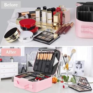 INOVERA (LABEL) Nylon Makeup Organizer Bag for Women, Girls & Bride - Travel Cosmetic Kit Storage Organiser - Toiletry Vanity Box with Adjustable Compartment, 26l x 23b x 9h cm (Rose Gold)