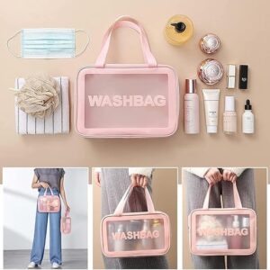 KUKLAR Wash Bag Pouch for Travel Kit Toiletry Bag Cosmetic Bag Make Up Box for Brushes, Accessories with Handle, Large Capacity Translucent Waterproof Travel Storage Organizer Set of 3 (Pink)