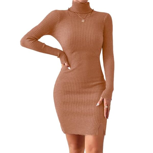 GLARE & BLAIR Solid Turtle Neck Regular Fit Casual Ribbed Knit Long Sleeve Bodycon Dress
