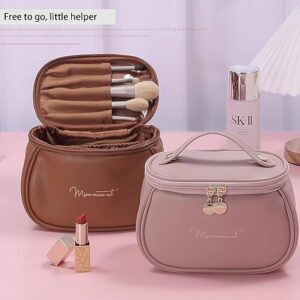 RENVA Professional Leather Cosmetic Makeup Kit Storage For Women,Makeup Bag Makeup Organizer,Foldable Make Up Pouch For Makeup Accessories Storage Bag For Cosmetics (1 Pcs,New Leather Brown)