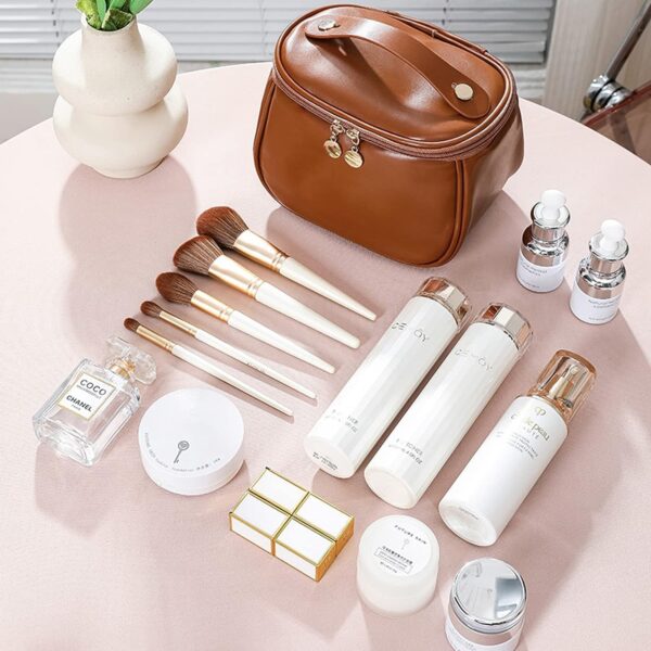 RENVA Professional Leather Cosmetic Makeup Kit Storage For Women,Makeup Bag Makeup Organizer,Foldable Make Up Pouch For Makeup Accessories Storage Bag For Cosmetics (1 Pcs,New Leather Brown) - Image 2