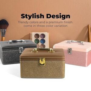 Makeup Box - Vanity Box for Women Bridal - Cosmetic Box Organiser, Durable, Stylish Finish for Home or Travel, Large Capacity Beauty Case for Brushes, Lipsticks & Skincare, Gold