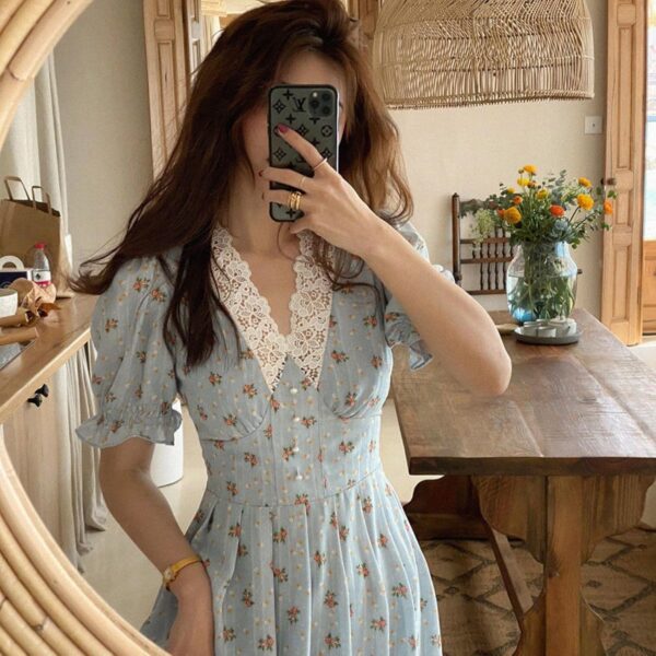 Ecoodisk Vintage Flower Dress Women Elegant Lace Chiffon Party Dress Puff Cover Against Neck Midi Dress Autumn Dresses for Women New